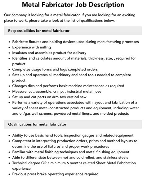 modern metal fabrication job|metal fabricator job duties.